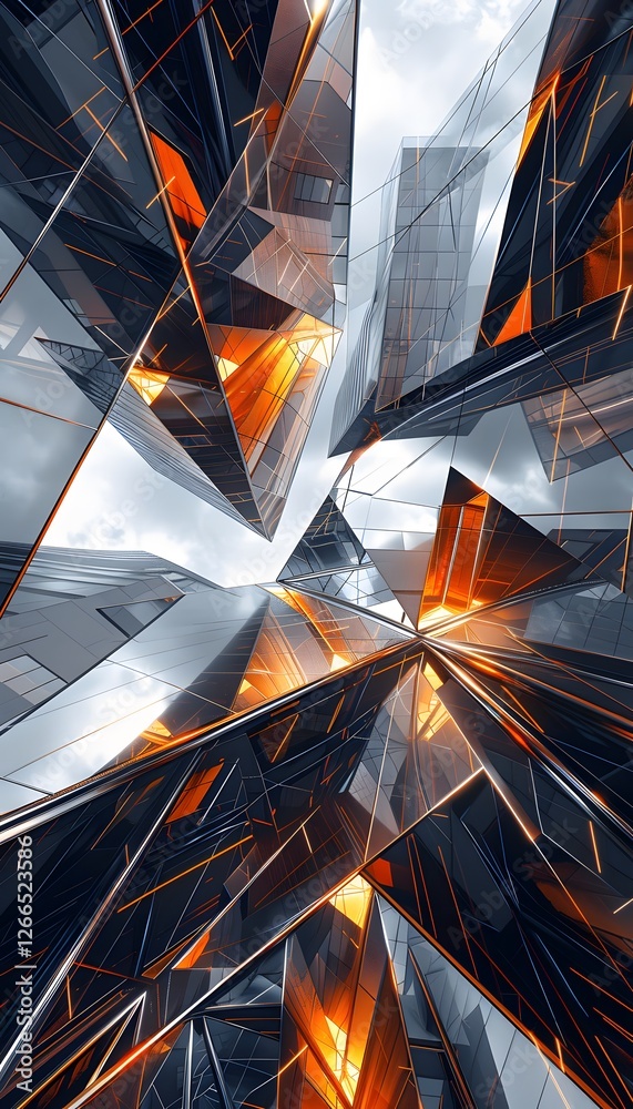 Poster low-angle shot of futuristic architecture, with bold geometric shapes and glowing accents reflecting