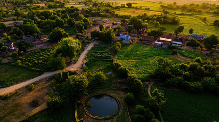 Aerial view of rural village surrounded by lush greenery