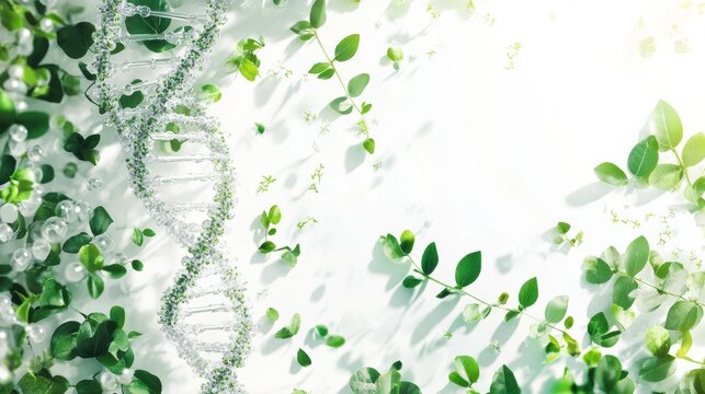 Biology laboratory with dna and gene therapy concepts, environmental plant study, molecular biochemistry structures, and nature science research on white background



