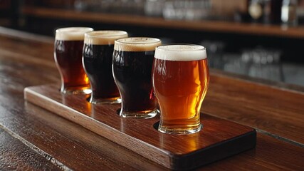 Craft beer tasting flight at a rustic bar featuring various beer styles