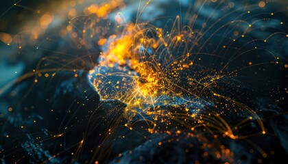 Wonderful world view futuristic international telecommunication network, concept about global connection and information, background with dynamic gradient line flows connecting between countries