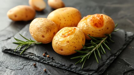 Baked potatoes with rosemary and garlic on a black stone background