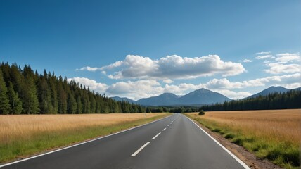 arafed road with a mountain in the distance and a field of grass