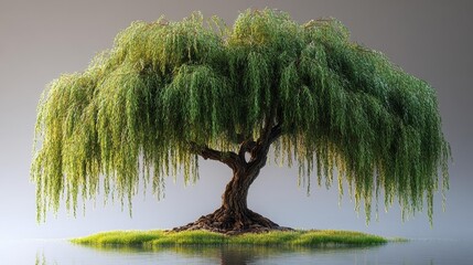 Beautiful Willow Tree on an Isolated Island Surrounded by Water. Generative AI