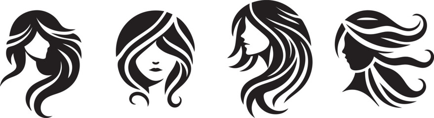 Four stylized female faces with flowing hair.
