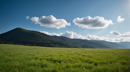 grassy field with mountains in the background and a blue sky
