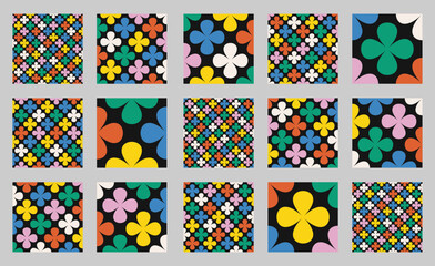 Floral pattern collection with clover shapes and colorful petals on white background. Seamless geometric vector set in retro style. High quality illustrations for decor