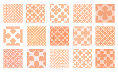 Seamless vector pattern set in Peach Fuzz featuring clover like flower shapes with a checkered design. Minimalistic geometric aesthetic, ideal for modern wallpapers, backgrounds, and stylish prints