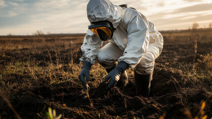 scientist in hazmat suit collecting soil samples outdoors