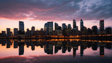 Naklejka premium arafficial photograph of a city skyline at dusk with a reflection in the water
