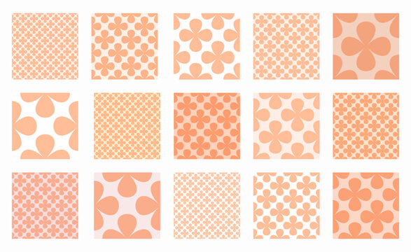 Seamless vector pattern set in Peach Fuzz featuring clover like flower shapes with a checkered design. Minimalistic geometric aesthetic, ideal for modern wallpapers, backgrounds, and stylish prints