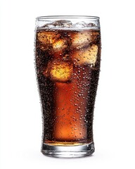 An eye level close up shows a clear glass filled with a brown carbonated beverage and ice cubes, covered in condensation droplets against a clean