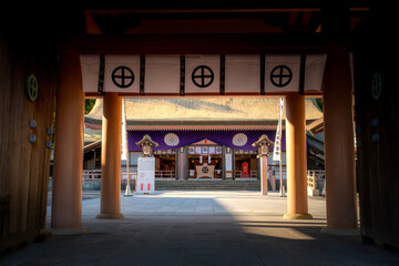 Kagoshima, Kyushu, Japan - November 20, 2024 - Scene of Terukuni Jinja, a Shinto shrine considered to be a dwelling place for the kami of Shimazu Nariakira, located at the way up to Shiroyama park