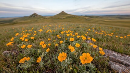 Obraz premium Yellow wildflowers bloom in a grassy meadow with rolling hills and pointed peaks under a soft twilight sky.