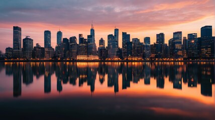 Fototapeta premium arafficial photograph of a city skyline at sunset with a reflection in the water