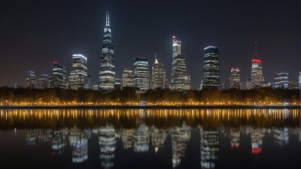 Fototapeta premium nighttime view of a city skyline with a lake and a bridge