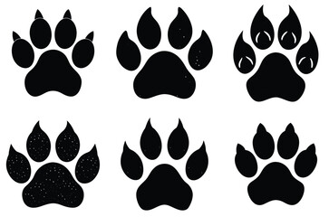 Fototapeta premium Set of cat paw silhouette icons, cat paw foot print vector silhouettes 