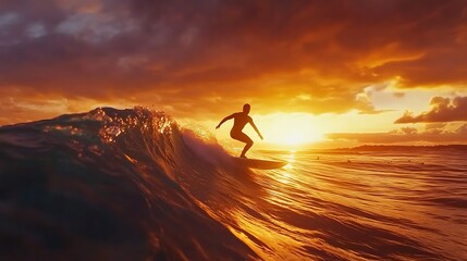 Surfer riding a wave at sunset, ocean and adventure theme, ultra