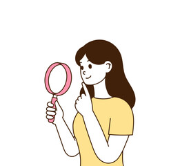 A woman looking at it with a magnifying glass.
