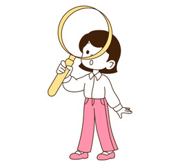 A woman looking at it with a magnifying glass.