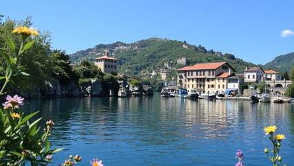 Fototapeta premium Picturesque Italian Lakeside Village with Boats and Lush Greenery