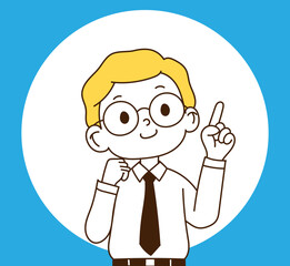 Fototapeta premium The man in glasses is pointing his finger up.