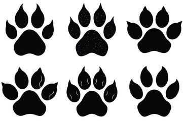 Fototapeta premium Set of cat paw silhouette icons, cat paw foot print vector silhouettes 