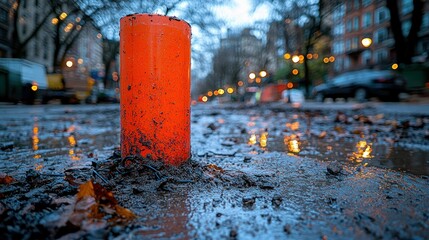 Muddy City Street at Dusk: A Construction Marker