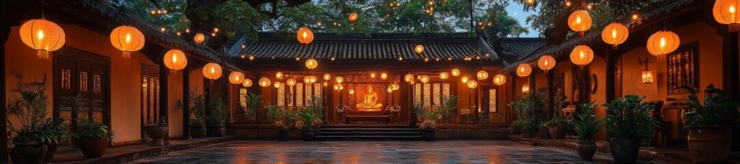 Charming lantern-lit courtyard at night with peaceful atmosphere. Generative AI