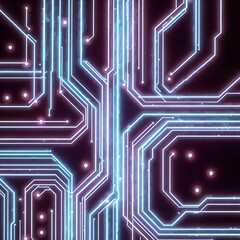 Abstract Tech Circuitry: Glowing neon blue and pink lines intersect and connect, forming a complex and intricate network pattern against a dark background.