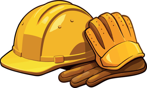 Yellow hard hat and work gloves protecting construction workers