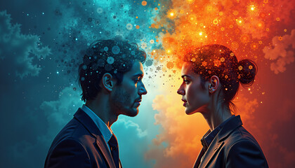 Man and Woman Facing Conceptual Art Dual Minds Opposing Energies Abstract Background