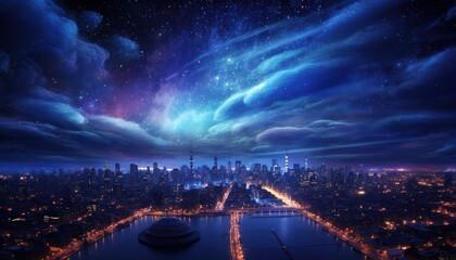 City lights shine under a starry night sky, reflecting in the water, offering peaceful urban scenery