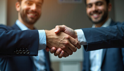 Businessmen shaking hands successful deal partnership agreement collaboration close up