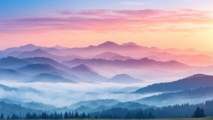 Misty mountain majesty, A pastel painted panoramic vista at dawn
