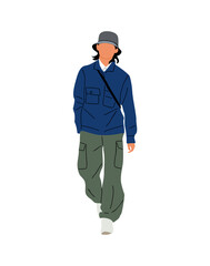 Street fashion men. Stylish guy walking, wearing trendy vintage outfit, jeans, jacket, hat, sneakers, bag. Vector realistic illustration isolated on white background.