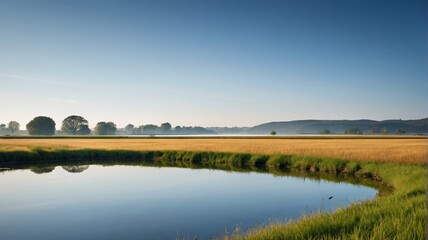 grassy field with a small pond in the middle of it
