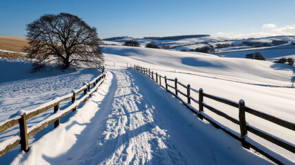 Naklejka premium serene snowy landscape with rolling hills and fence