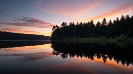 Fototapeta premium trees are reflected in the water at sunset on a lake