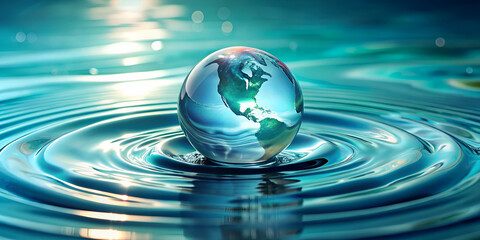 Water Globe With World Map Reflecting Teal And Blue Ocean Water Ripple