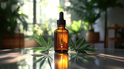 Amber glass dropper bottle surrounded by green cannabis leaves in a sunlit indoor setting
