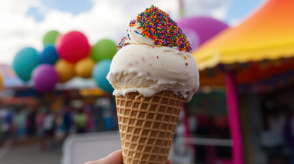 Creamy ice cream cone topped with colorful sprinkles