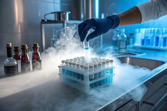 Gloved Hand Adding Test Tube To Rack In A Laboratory With Liquid Nitrogen Fog