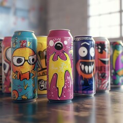 Obraz premium Colorful Canned Drinks with Quirky Cartoon Designs