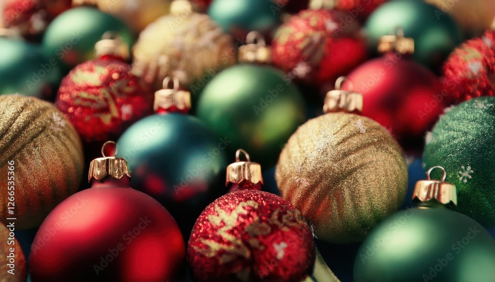 Poster colorful close-up of shiny christmas ornaments with gold patterns and textured surfaces for festive 
