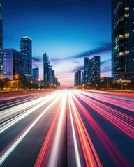 Fototapeta premium City traffic lights streaking, dusk time; travel, urban, motion, background for ads, transportation, modern
