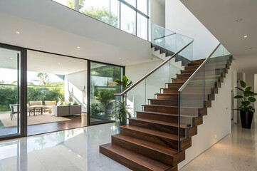 Obraz premium Modern Interior with Wooden Staircase Glass Railing and Polished Flooring
