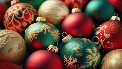 colorful close-up of shiny christmas ornaments with gold patterns and textured surfaces for festive decoration