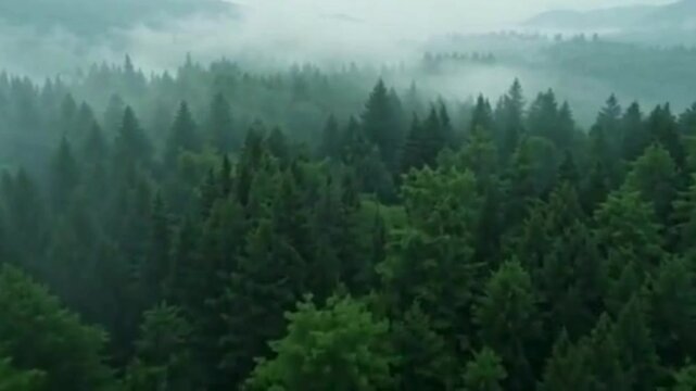 Drone slow-motion shot over a misty forest