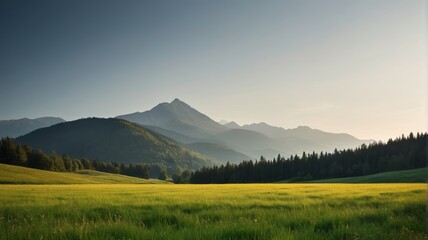 Fototapeta premium mountains in the distance with a field of grass in front of them